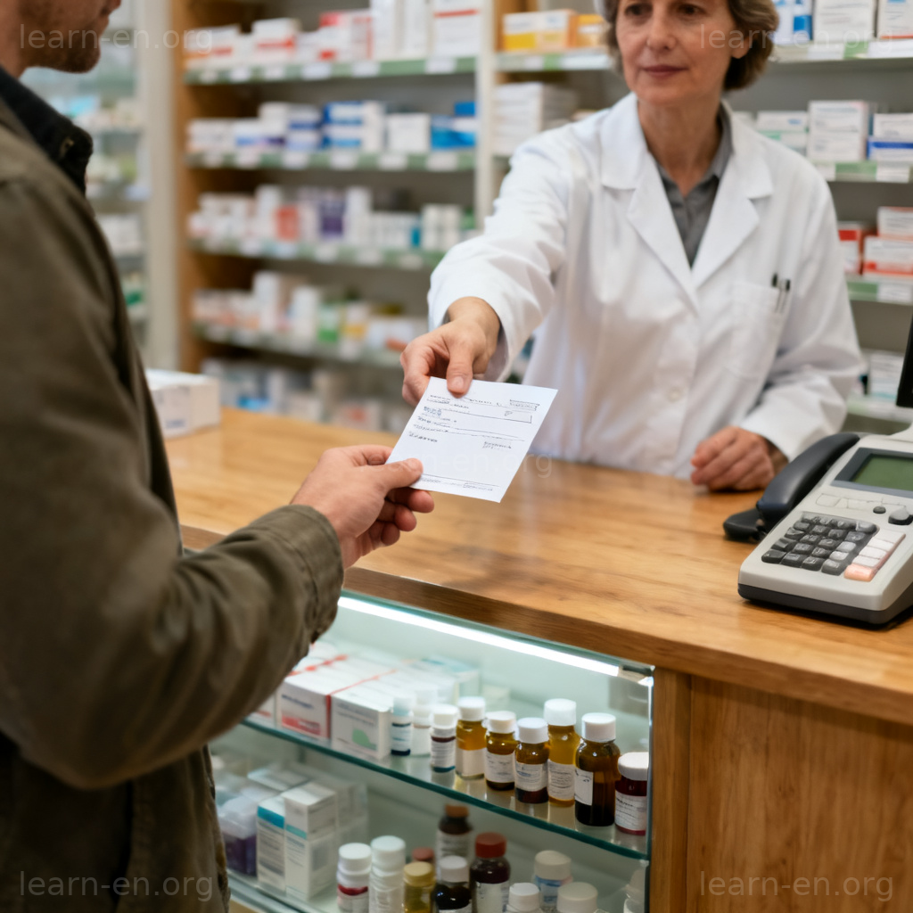 prescription medicine 处方药图解：患者在药房凭处方取药场景