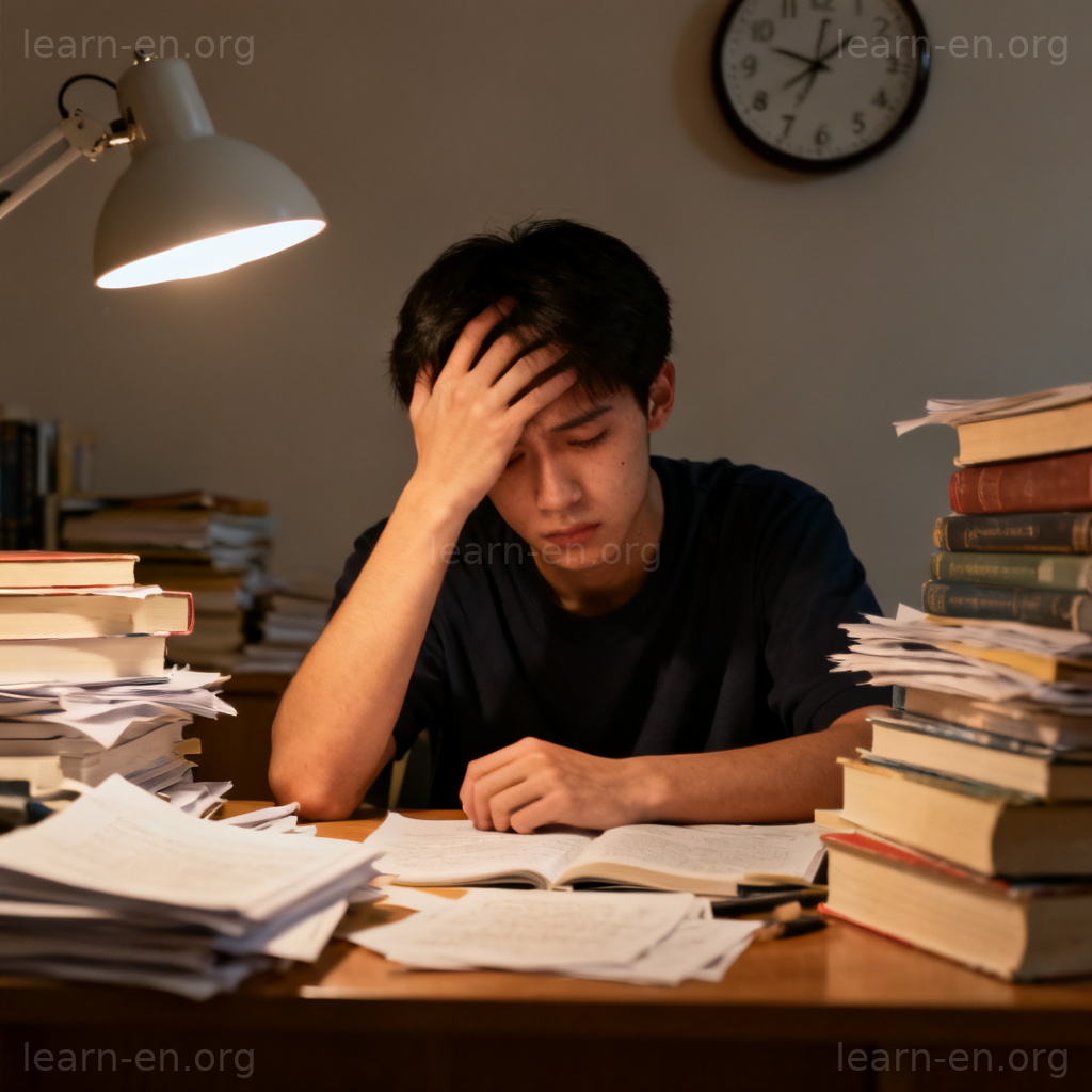 pressure压力含义图解：学生在书桌前熬夜学习的疲惫场景