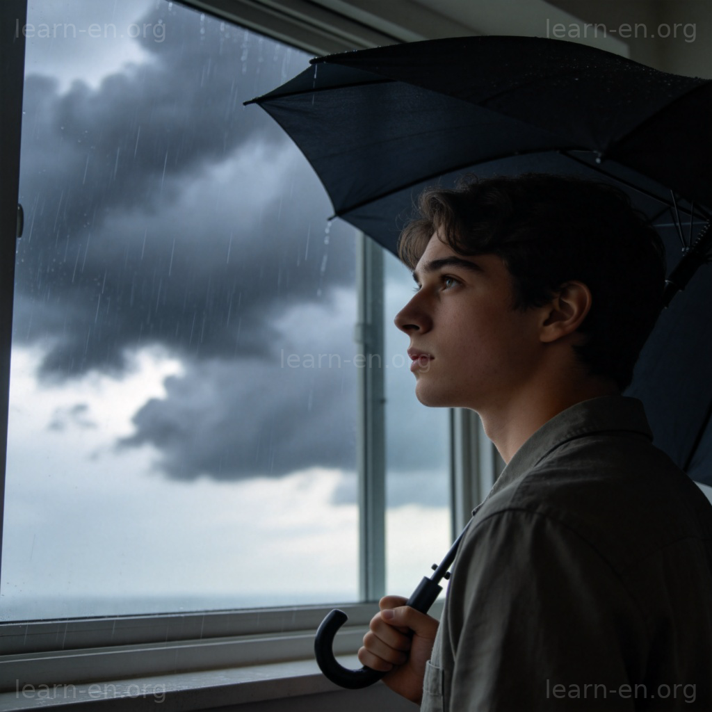 probably 含义图解：人物望着窗外乌云，手持雨伞，表情若有所思