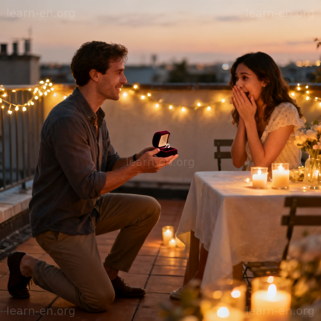 proposal 浪漫求婚场景图解：男子单膝跪地递上戒指