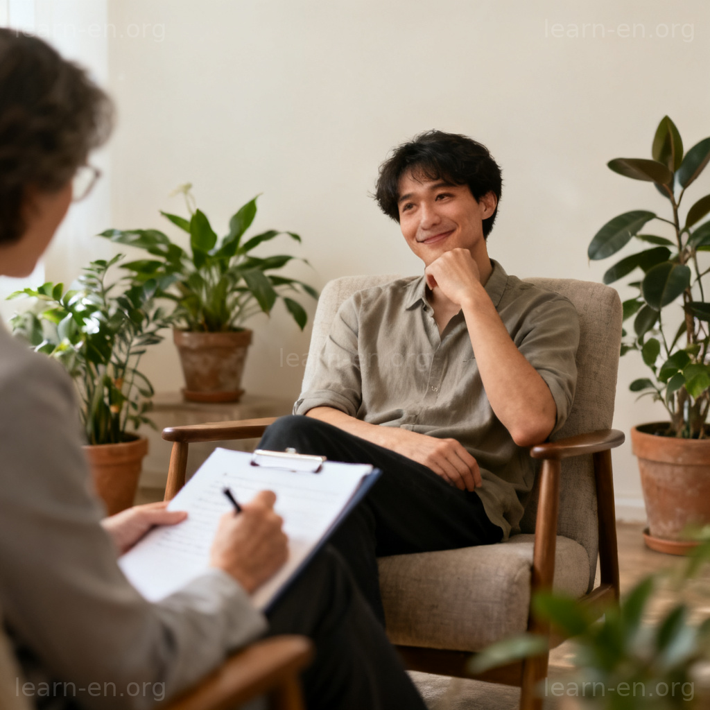 psychological 含义图解：心理咨询室中人物放松交谈的场景