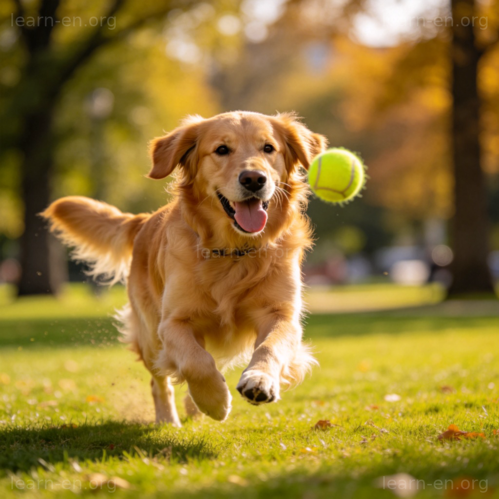 pursue 追赶场景图解：金毛犬在公园奔跑追逐网球