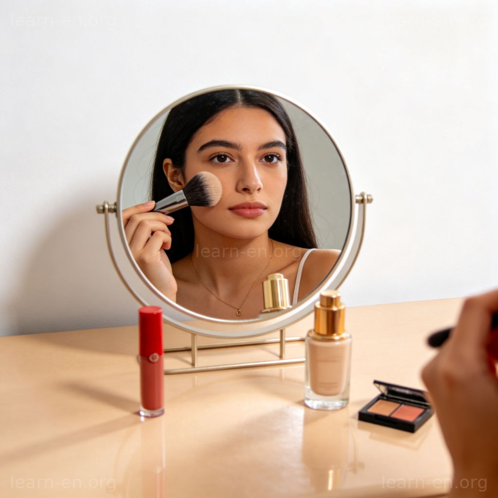 Put on Makeup 图解：人物对镜使用化妆刷上妆场景