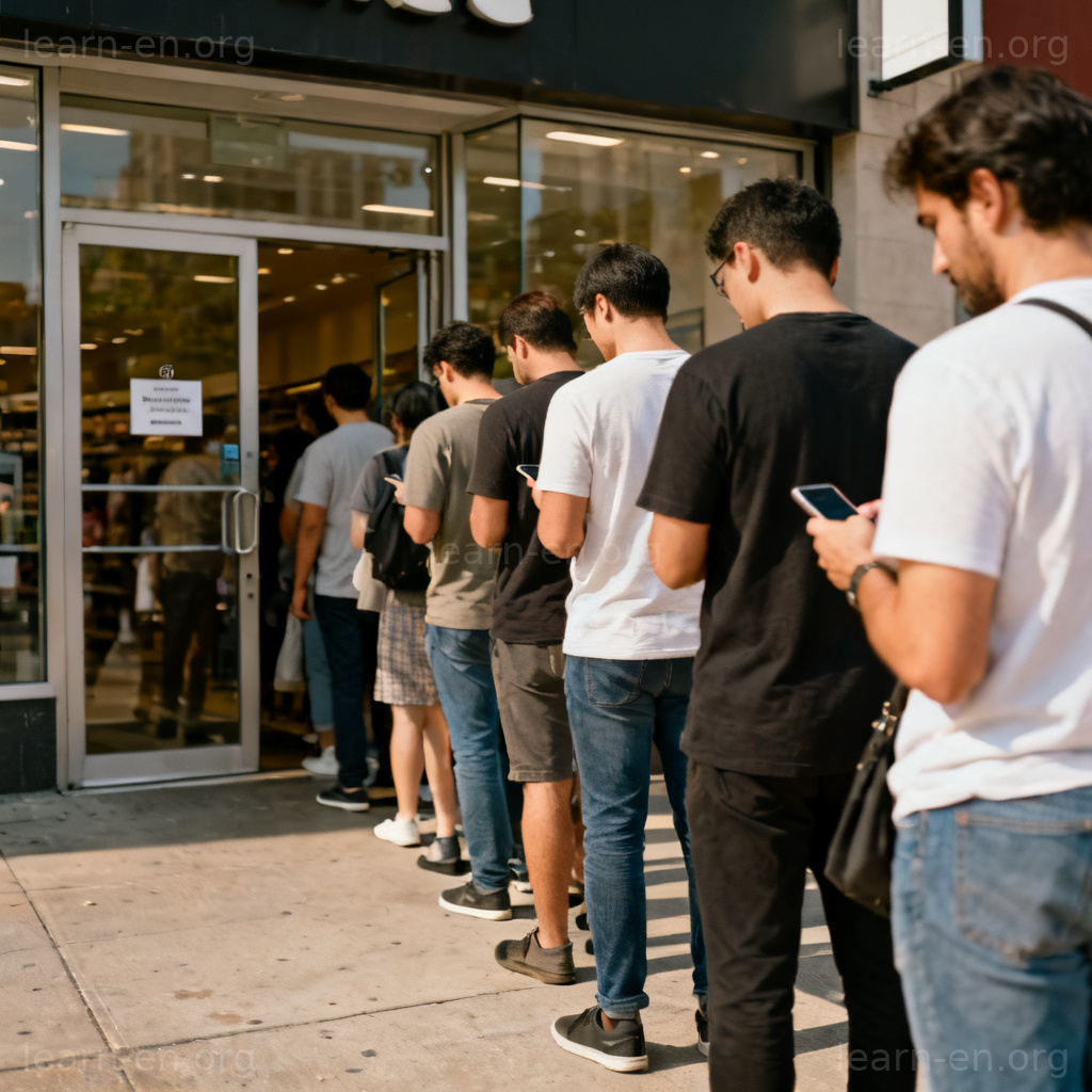 queue 含义图解：商店外人们有序排队的场景