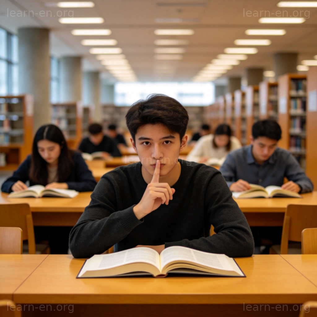 quiet 含义图解：图书馆学生做安静手势示意保持安静