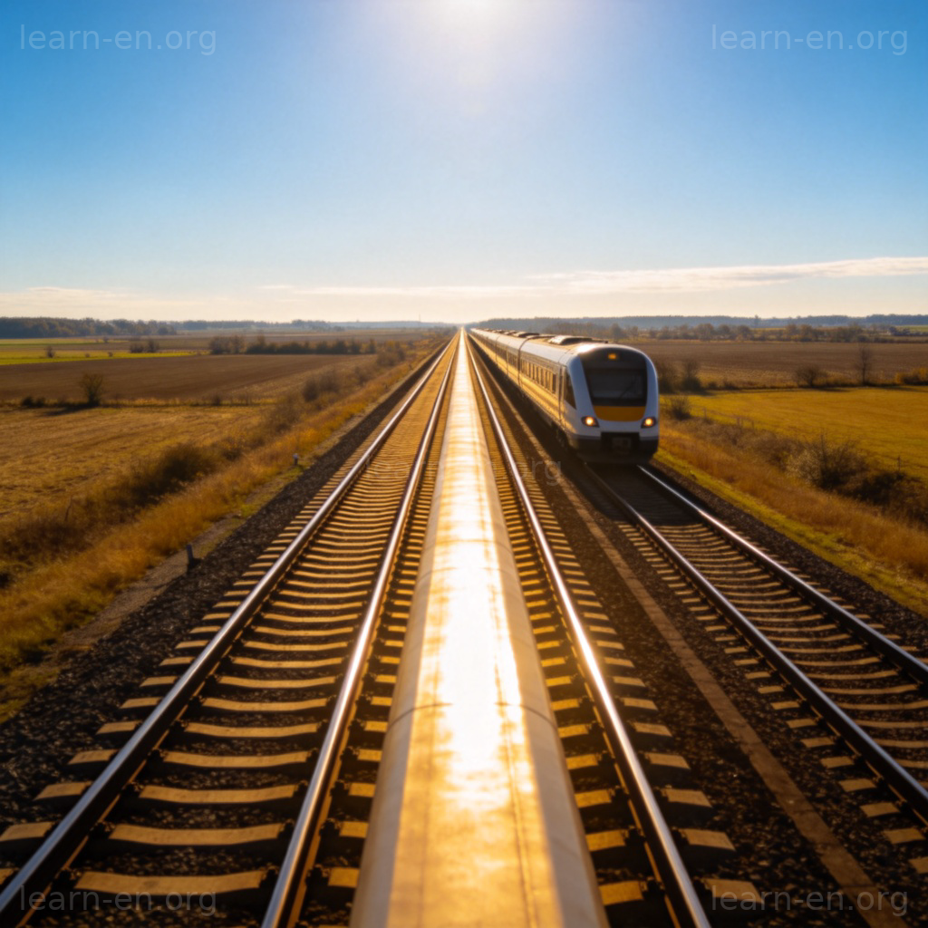 rail 铁路含义图解：延伸至远方的铁轨与行驶的火车