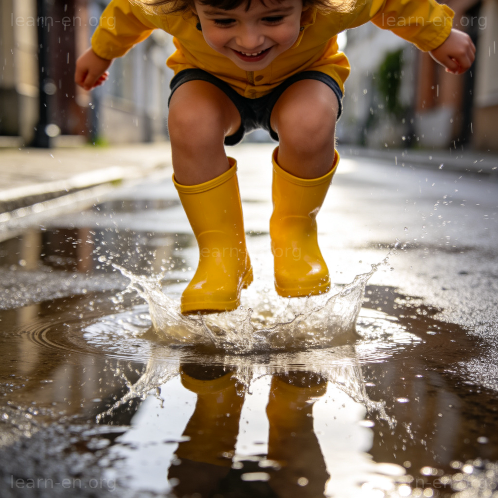 Rain Boots 雨靴图解：儿童穿黄色雨靴在雨中踩水坑场景