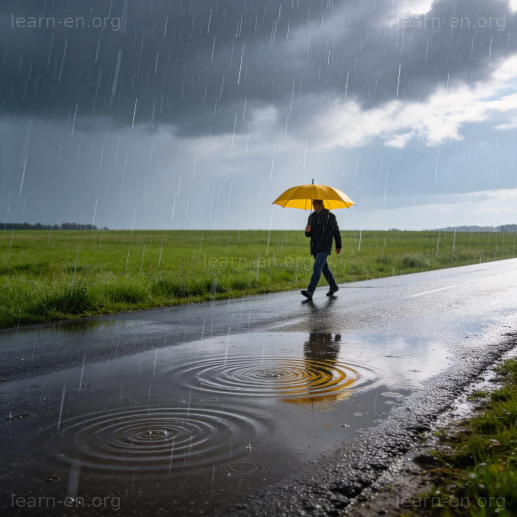 rain 下雨场景图解：乌云下雨滴落下，行人撑黄伞走在湿路上