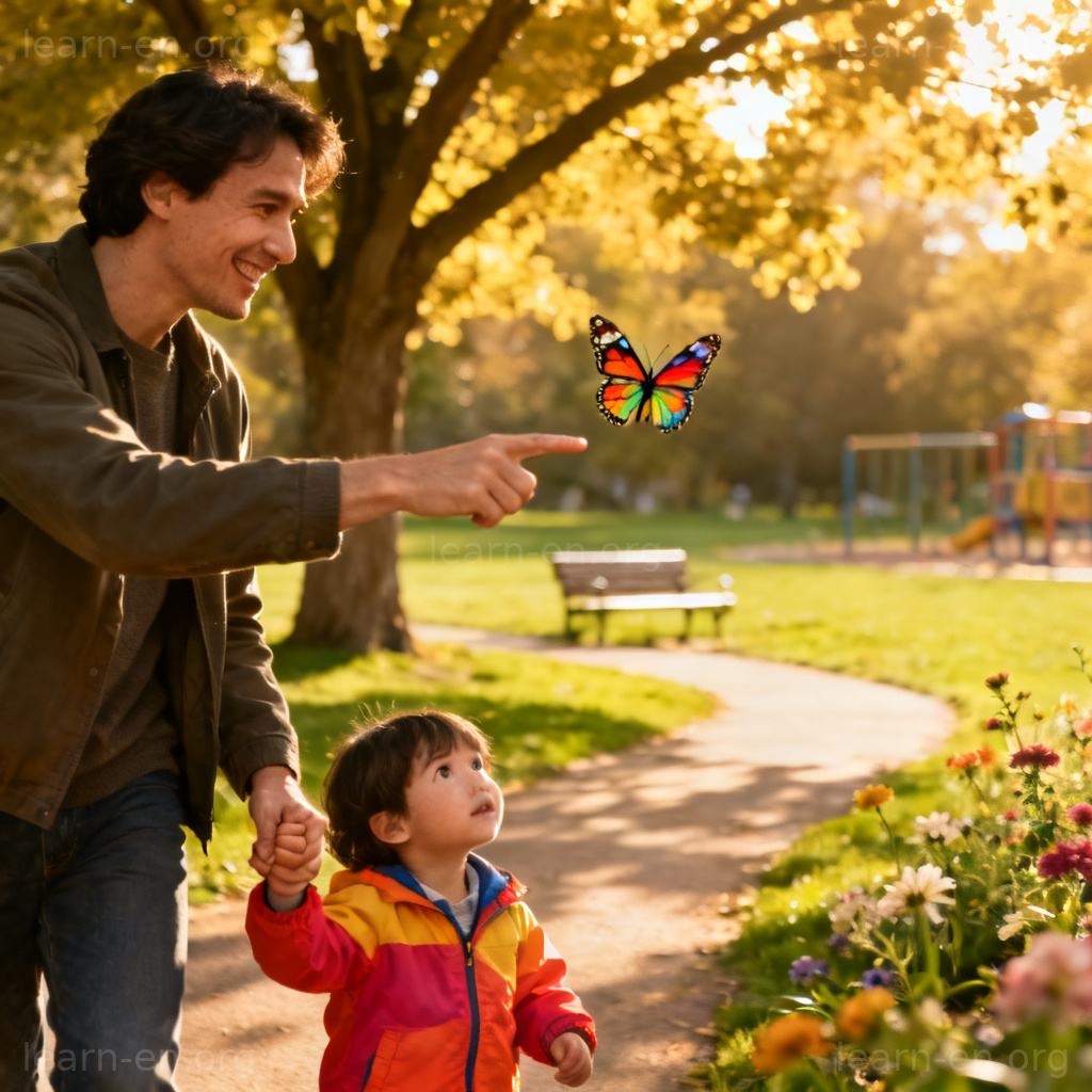 raise children 图解：父母在公园牵孩子手教导世界的温馨场景