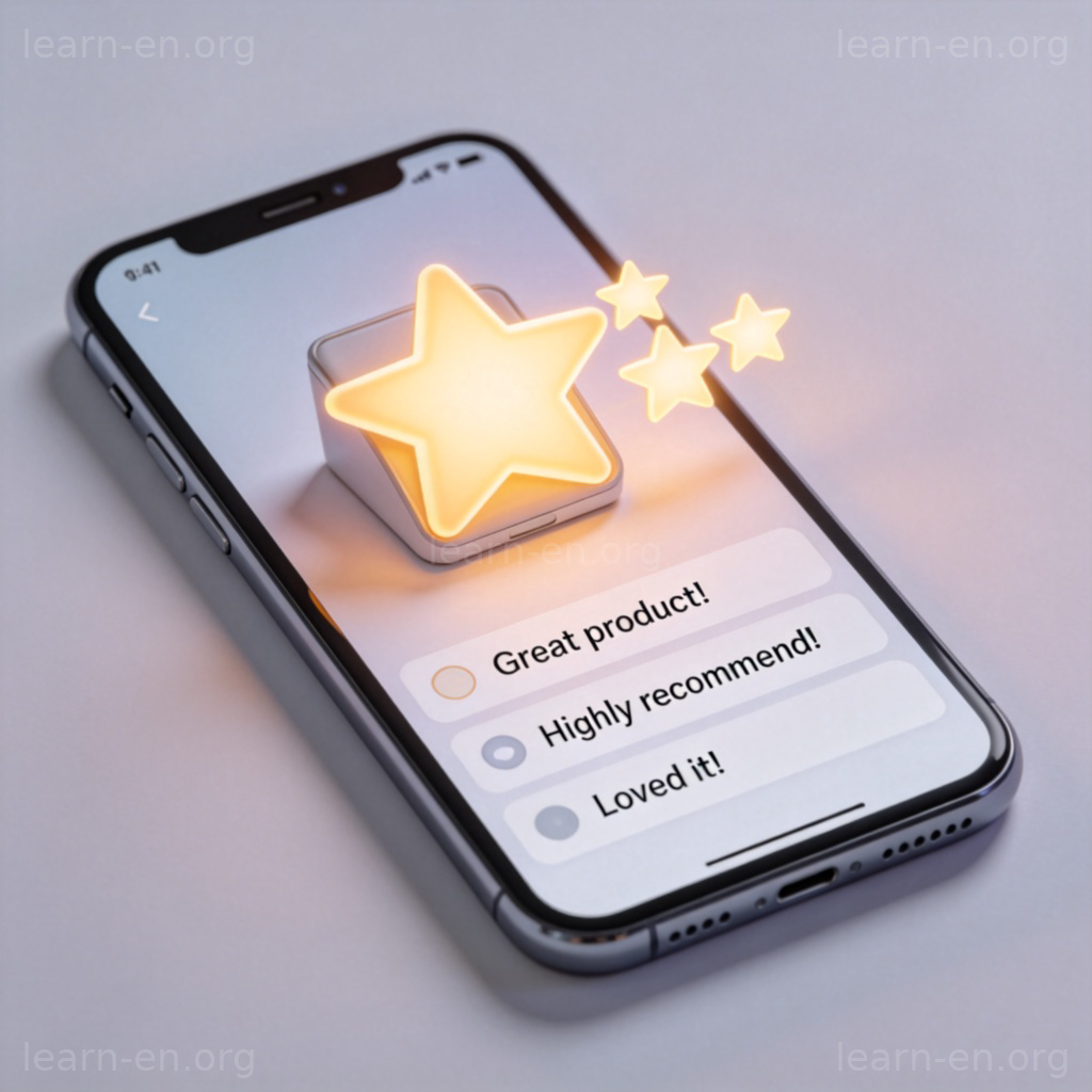 Rating 评分图解：手机屏幕上产品旁的五颗星与用户好评