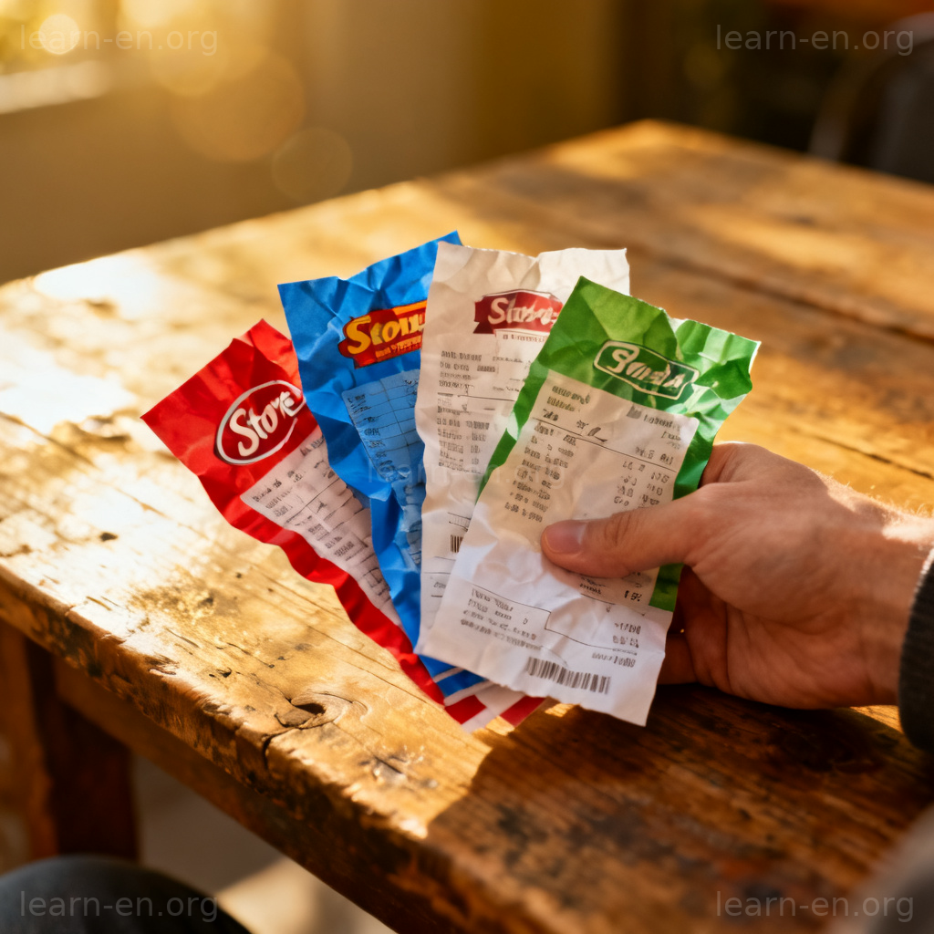 receipts 收据图解：多张彩色纸质购物小票在木桌上的特写
