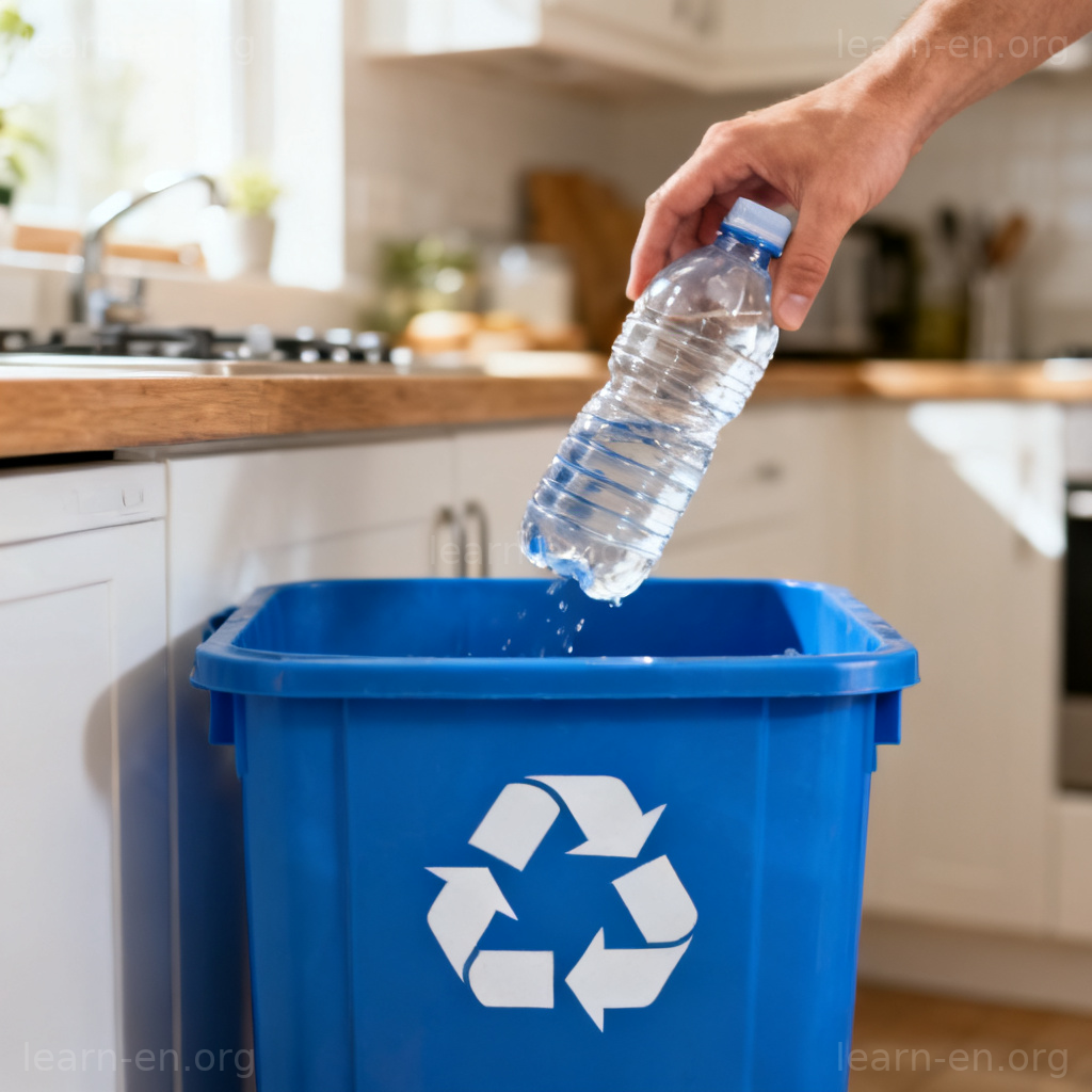 recycle 回收含义图解：将塑料瓶放入蓝色回收箱