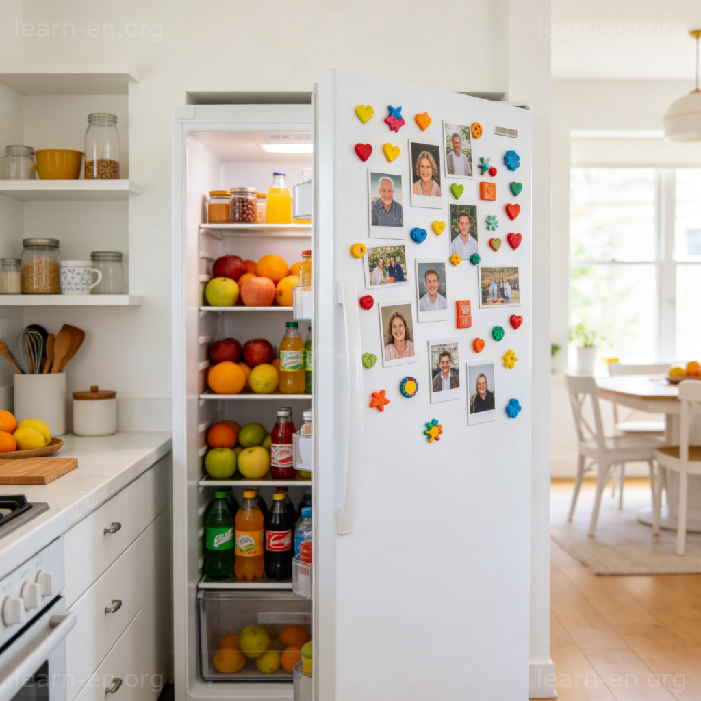 Refrigerator 冰箱图解：现代厨房中的白色冰箱，内部存放水果饮料