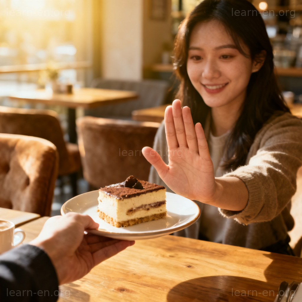 refusal 拒绝含义图解：在咖啡馆婉拒甜点的场景