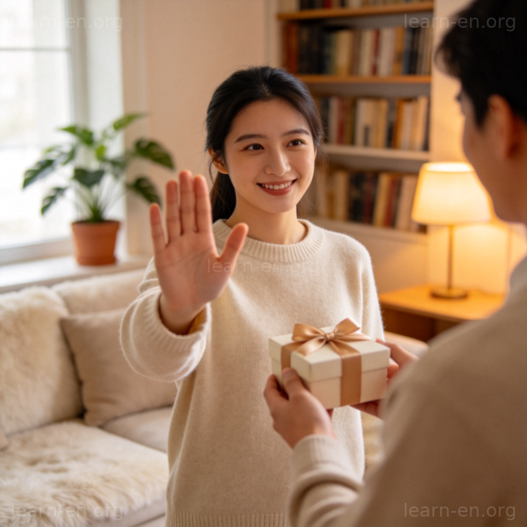 refuse 拒绝含义图解：一人礼貌伸手婉拒礼物的场景