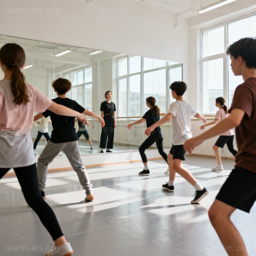 rehearse 排练场景图解：舞者在舞蹈室对镜练习