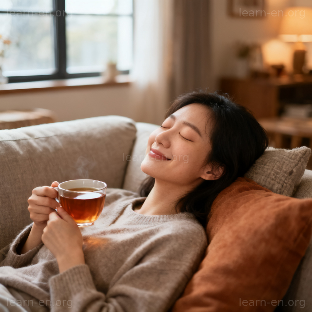 relax 含义图解：人物在沙发上闭目放松的舒适场景