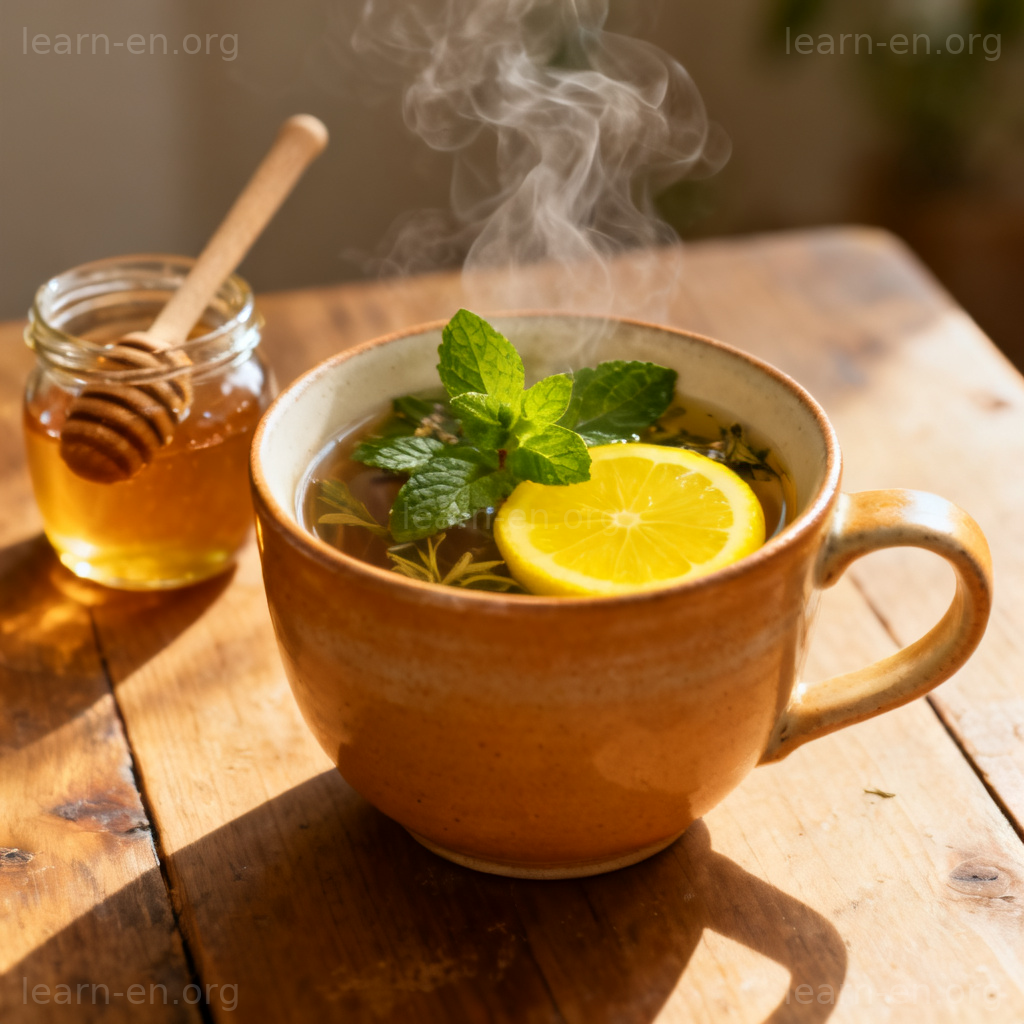 remedy 药品含义图解：一杯草本热茶与蜂蜜罐
