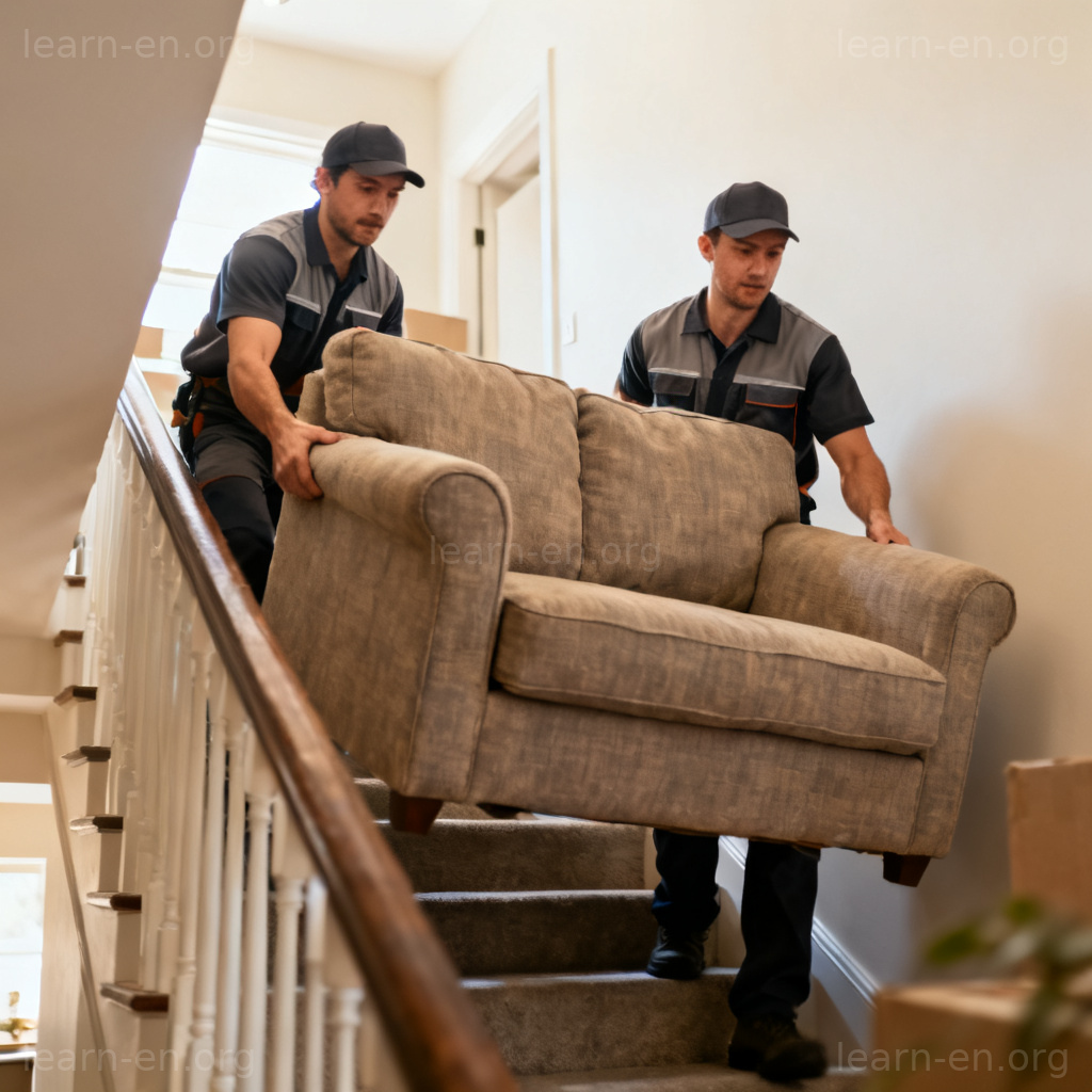 removal 场景图解：搬家工人小心搬运沙发下楼
