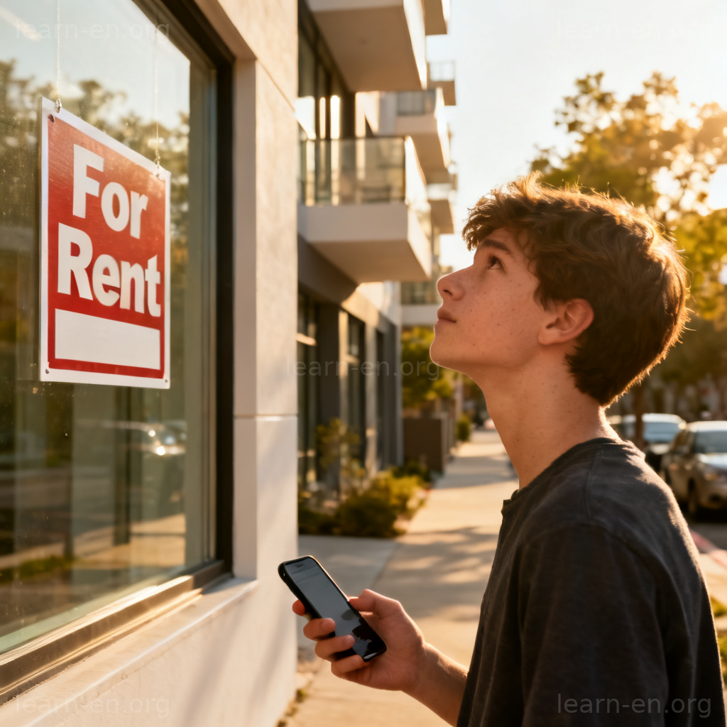 rent 租用含义图解：年轻人查看公寓招租广告