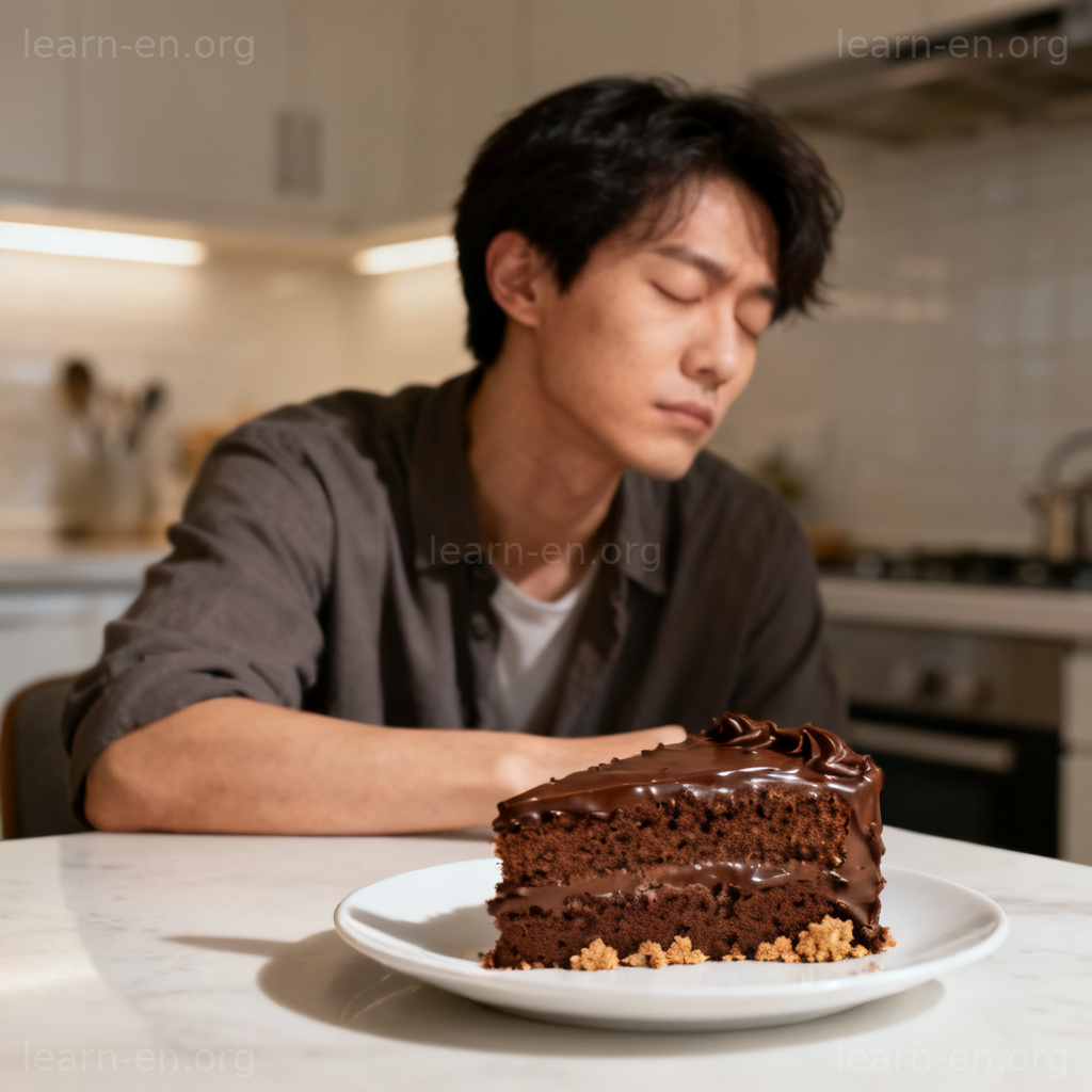 resist 忍住含义图解：扭头闭眼抗拒面前巧克力蛋糕的诱惑