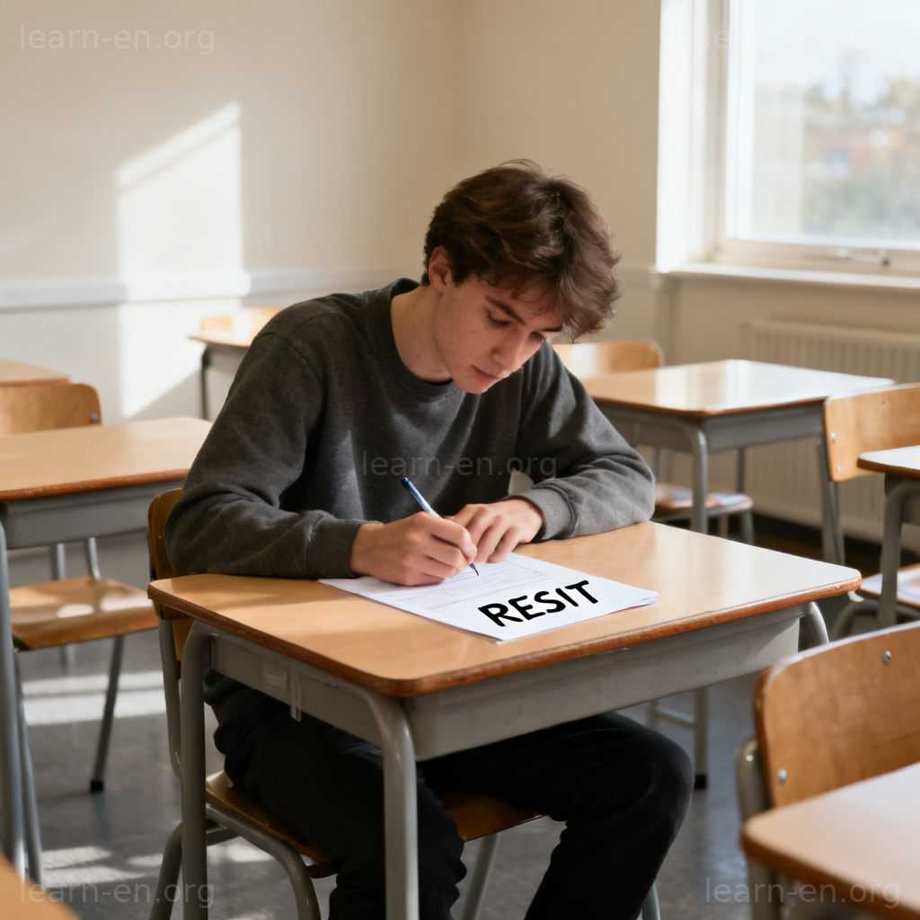 resit 动词含义图解：学生在教室专注参加重考