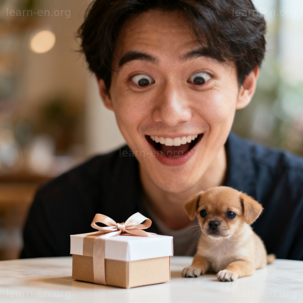 response 含义图解：人物面对惊喜礼物时表情反应的场景