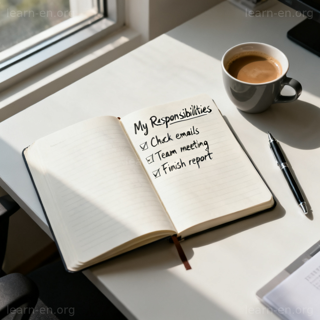 responsibility 职责图解：办公桌待办清单，展示具体工作任务