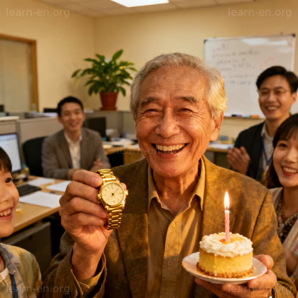retire 含义图解：一位老人在温馨的办公室告别派对上快乐退休