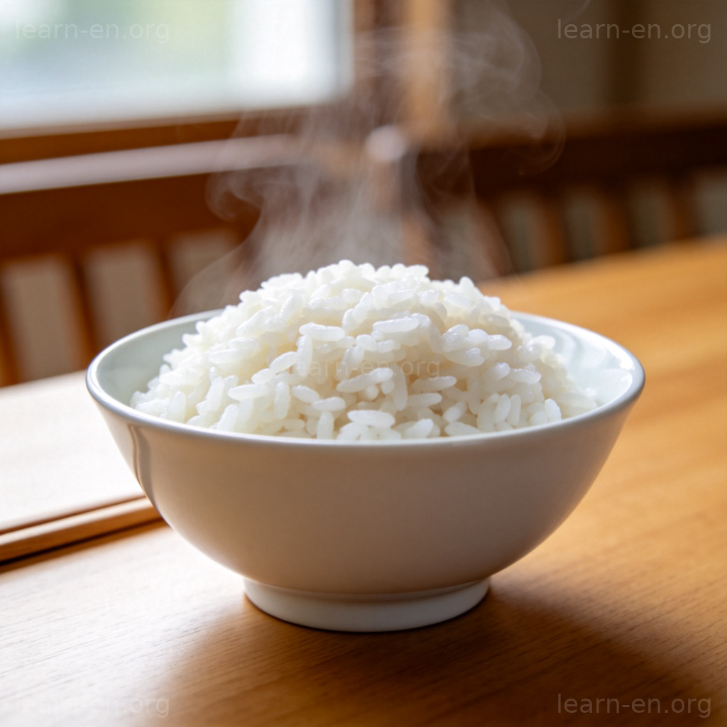 rice米饭图解：一碗热气腾腾的白米饭，配有一双筷子