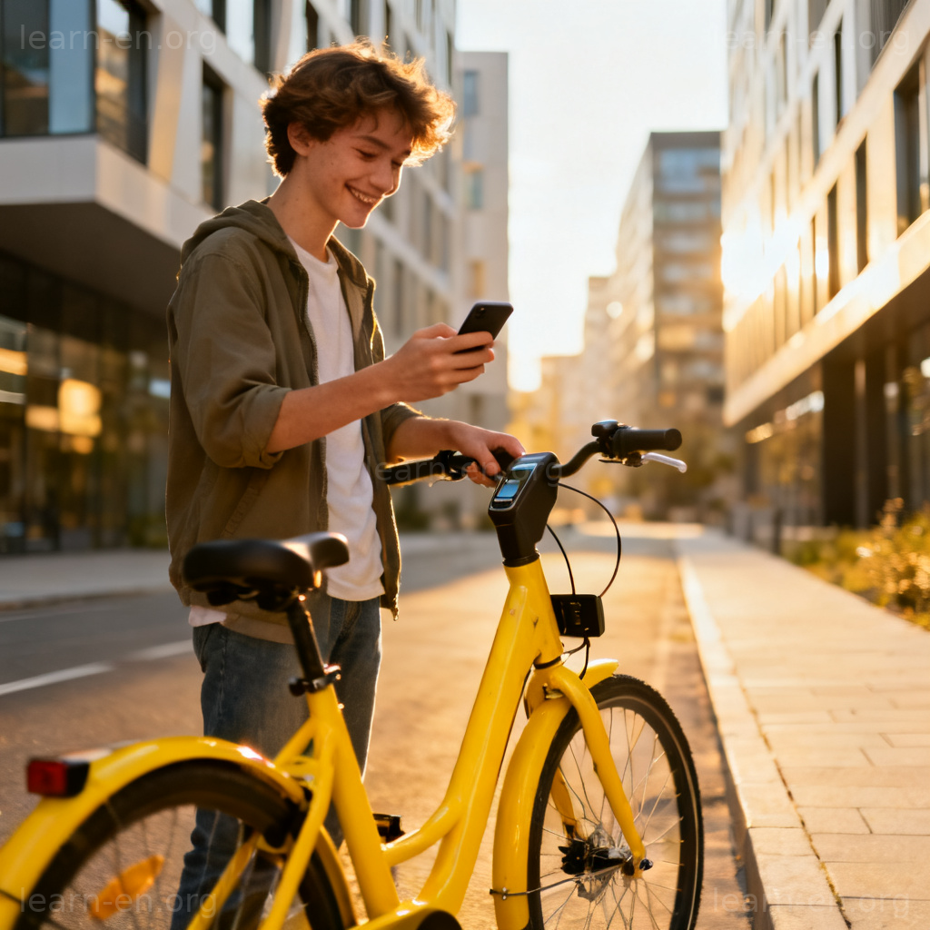 ride a shared bike 图解：年轻人在城市街道用手机解锁黄色共享单车