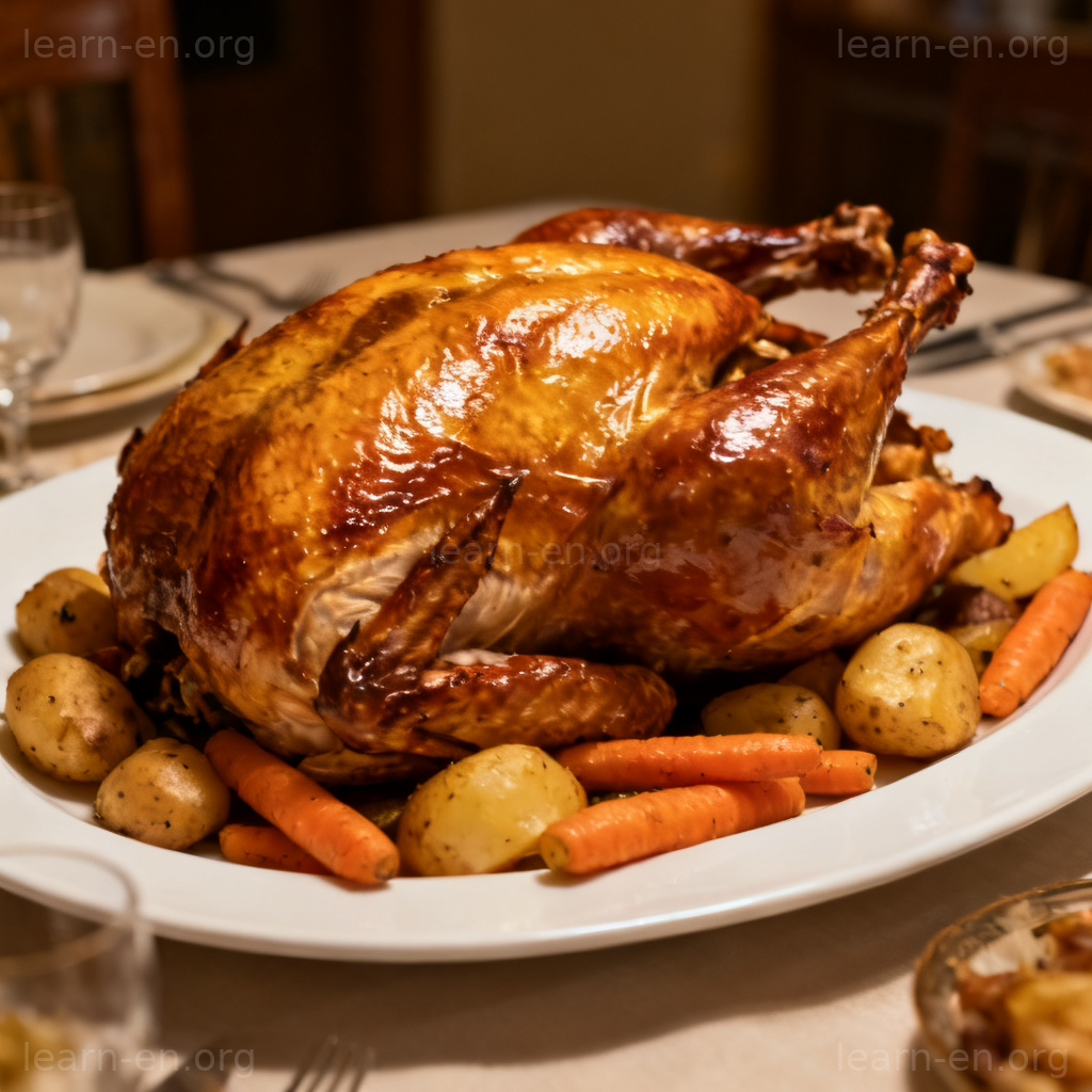 roast 烤制图解：金黄酥脆的烤火鸡与蔬菜摆盘场景