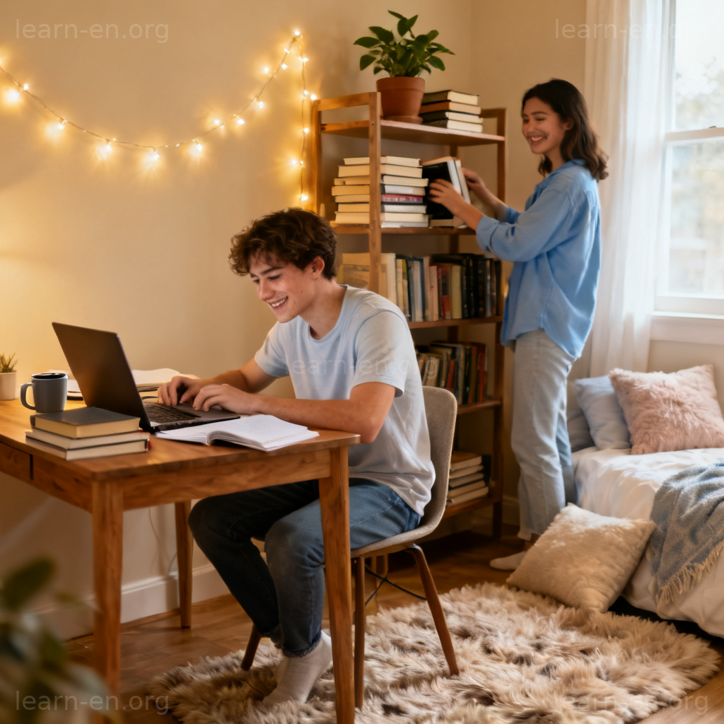 roommate 室友场景图解：两人在共享卧室中学习整理