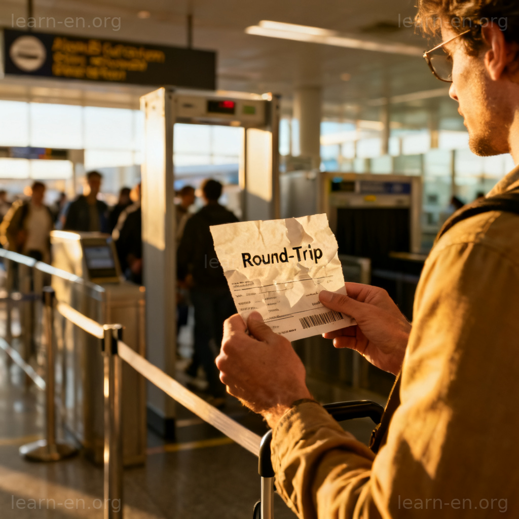 round-trip ticket 图解：旅客手持印有往返票字样的机票在机场