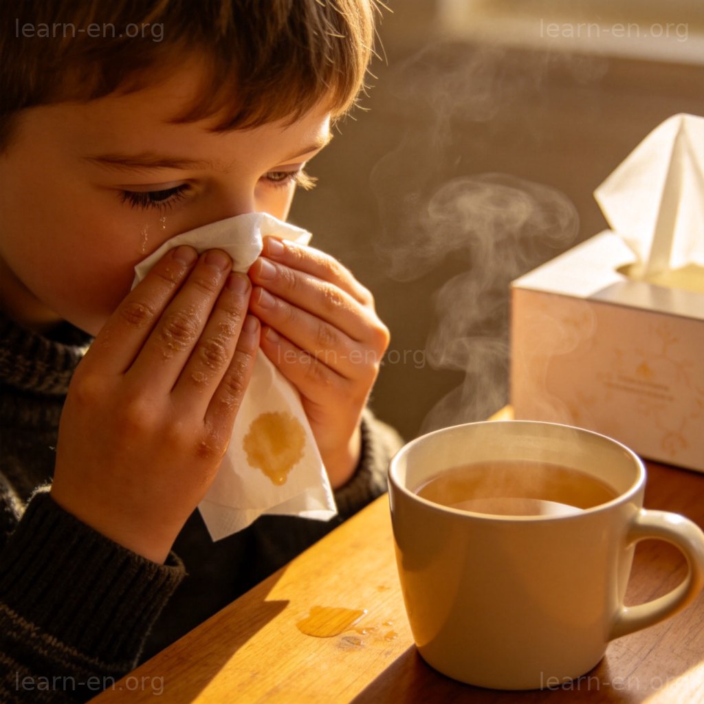 runny nose 图解：小孩用纸巾擦鼻涕，伴有纸巾盒和温水