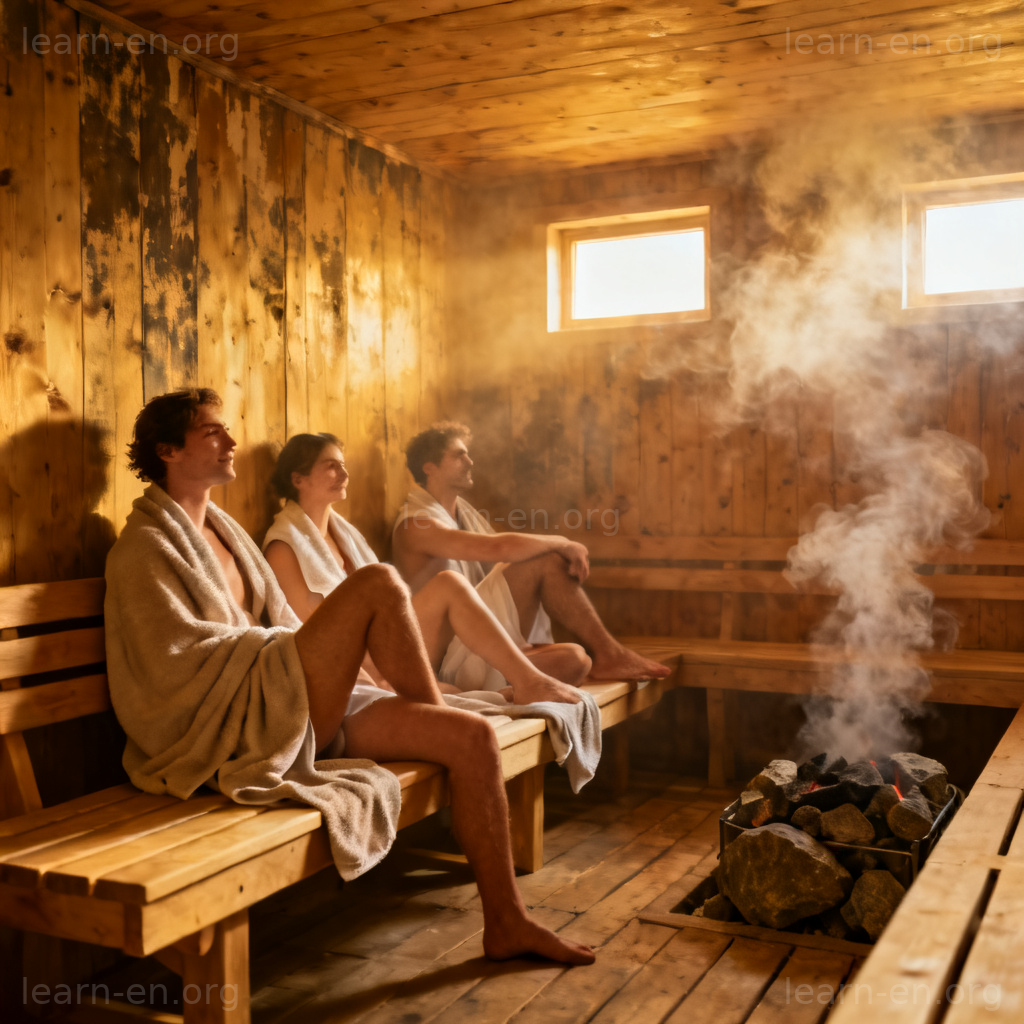 sauna 桑拿图解：木质房间内高温干蒸，人们用毛巾放松的场景