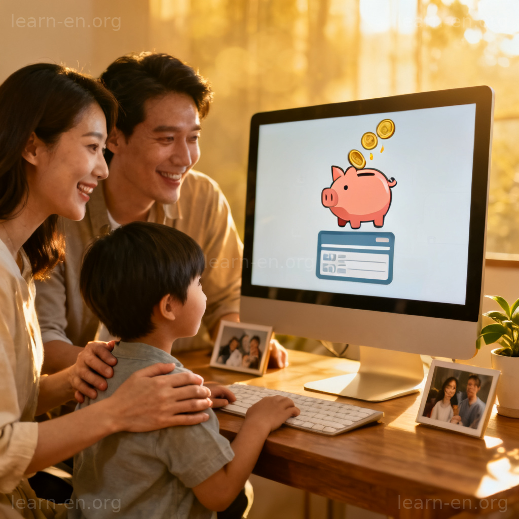 savings account 储蓄账户图解：家庭通过数字界面存钱入储钱罐