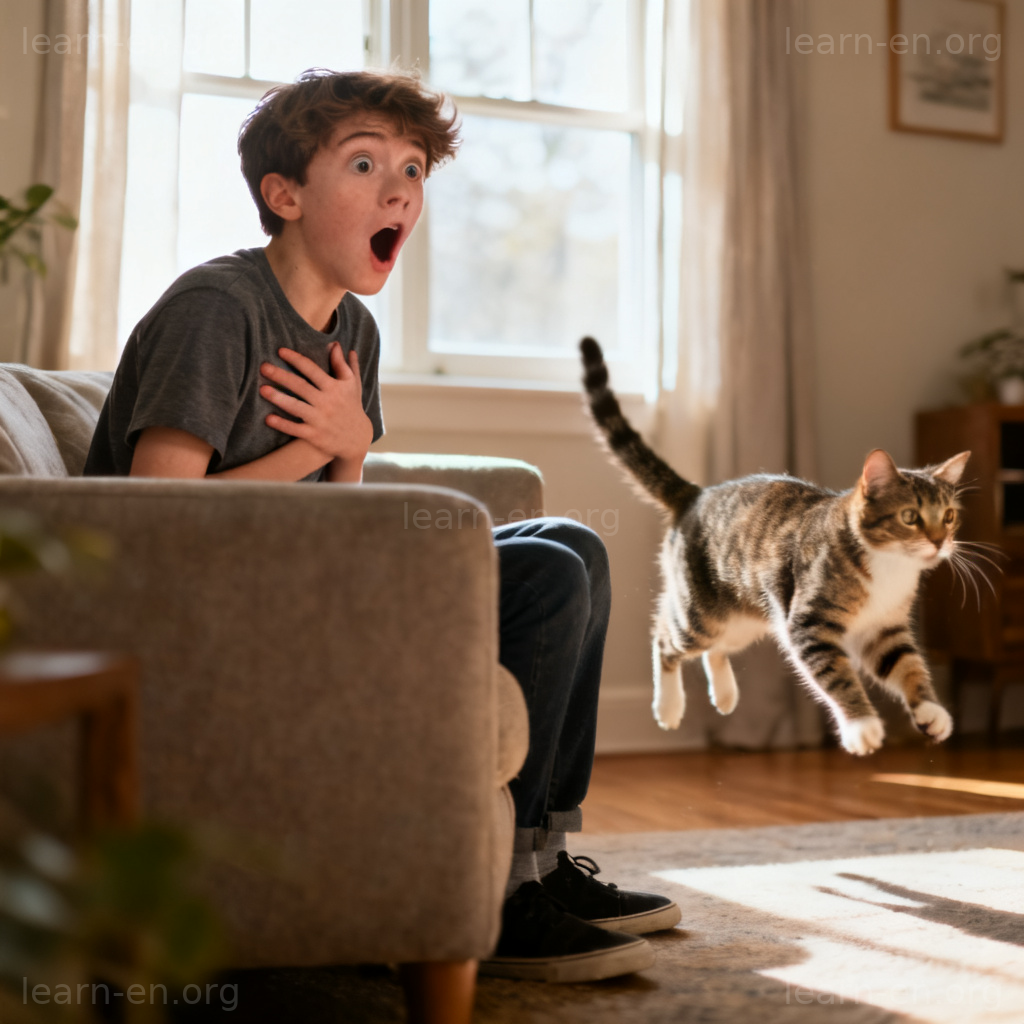 scare 惊吓含义图解：人被猫吓到，手捂胸口表情惊恐