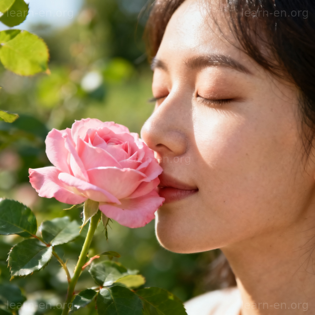scent 香气含义图解：人物闭眼闻粉色玫瑰