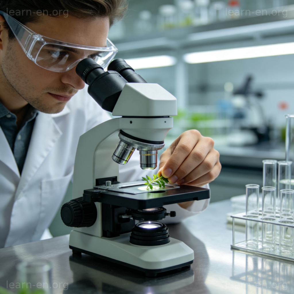 science 学科含义图解：研究员在实验室使用显微镜