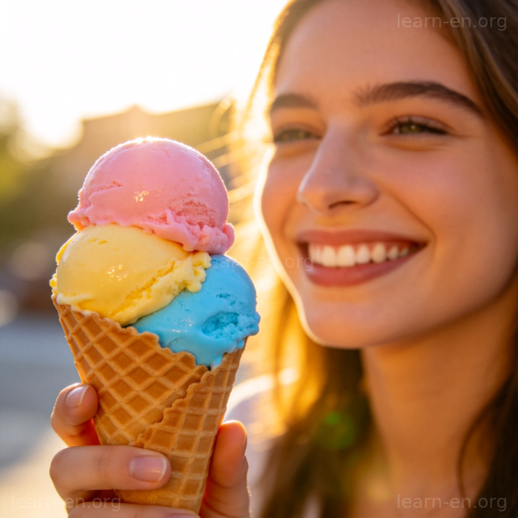 Scoops of ice cream 图解：阳光下手持华夫筒与三色冰淇淋球