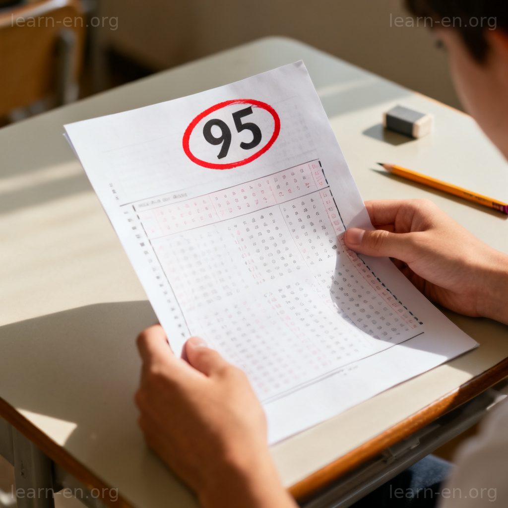 score 分数图解：学生试卷上95分的特写