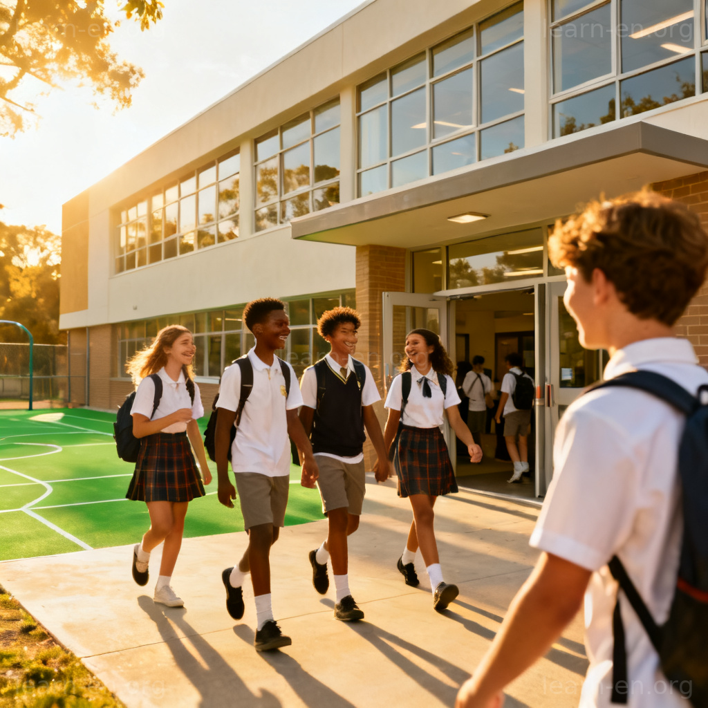 secondary 中学含义图解：穿校服的中学生在现代学校外