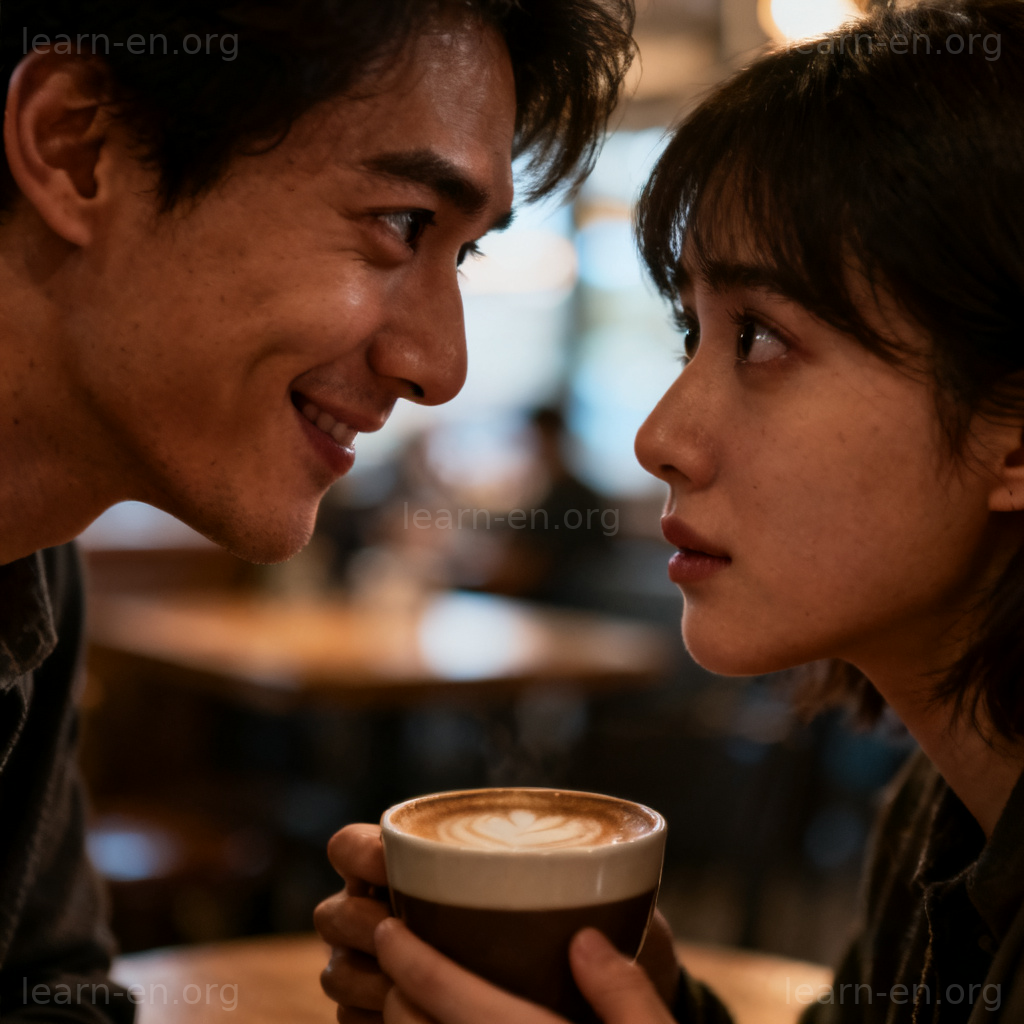 seduce 诱惑含义图解：咖啡馆中两人亲密对视的暧昧场景