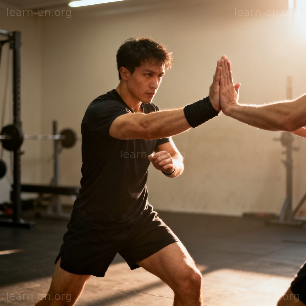 self-defense 自卫场景图解：健身房柔光下格挡攻击的防御姿势