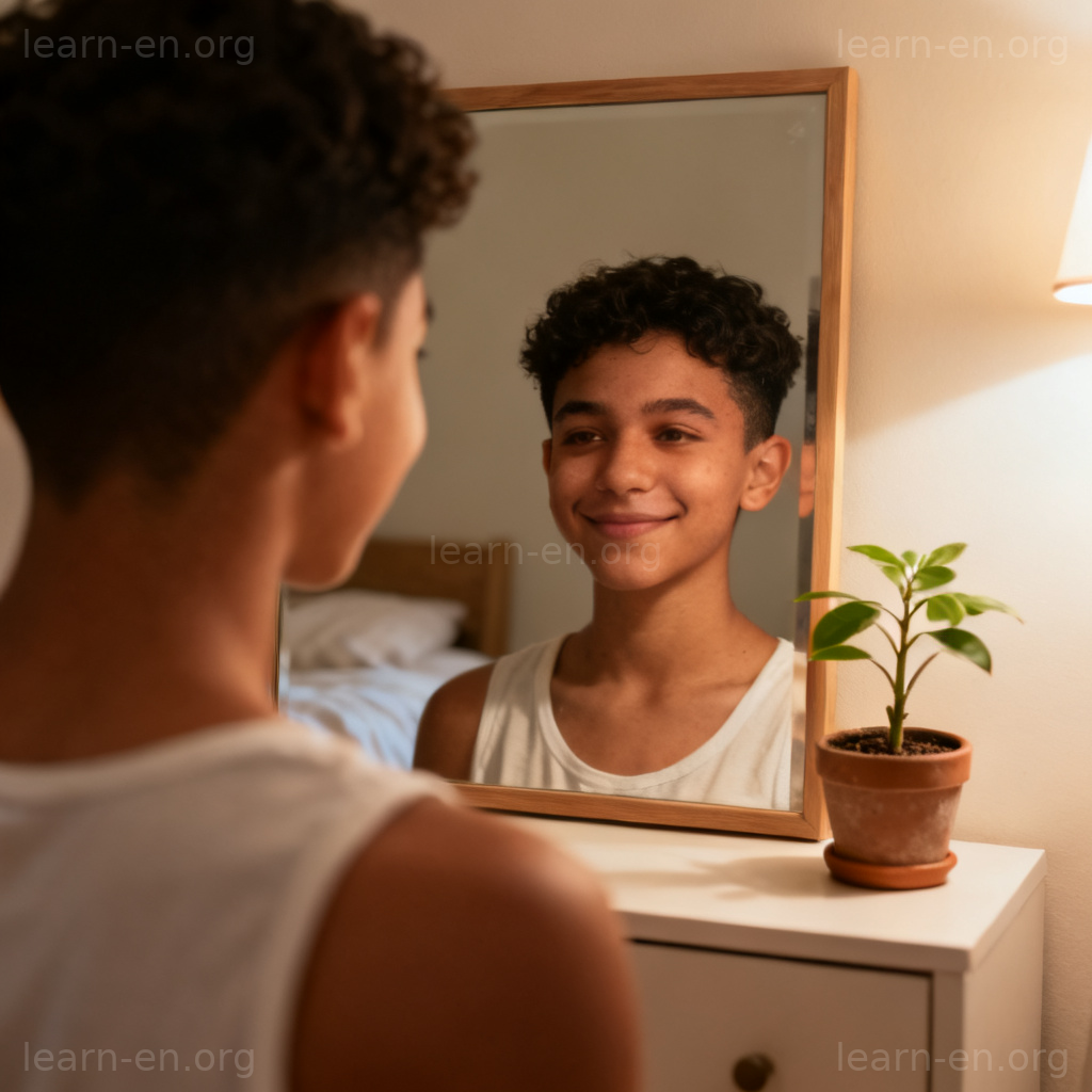 self-esteem 图解：自信微笑的人看着镜中积极的自己