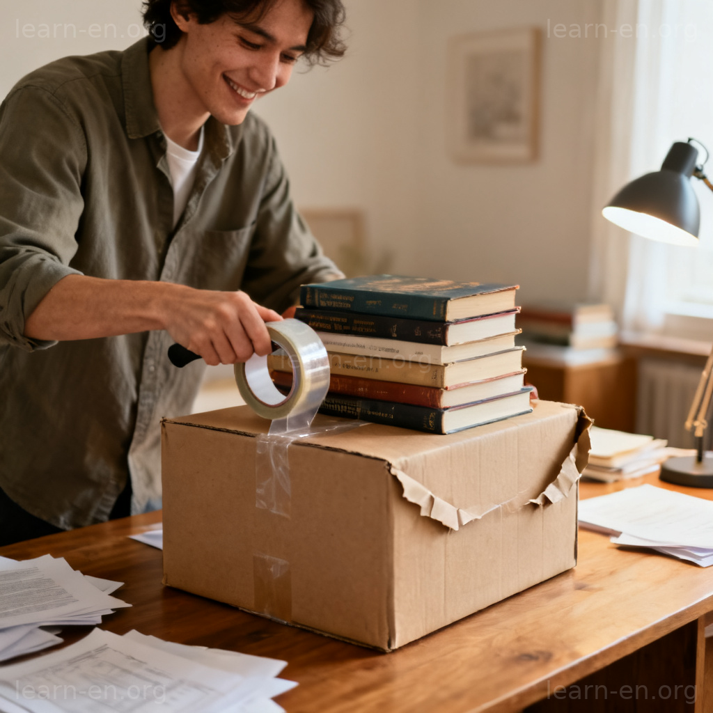 send a package 图解：在家打包书籍并封箱的场景