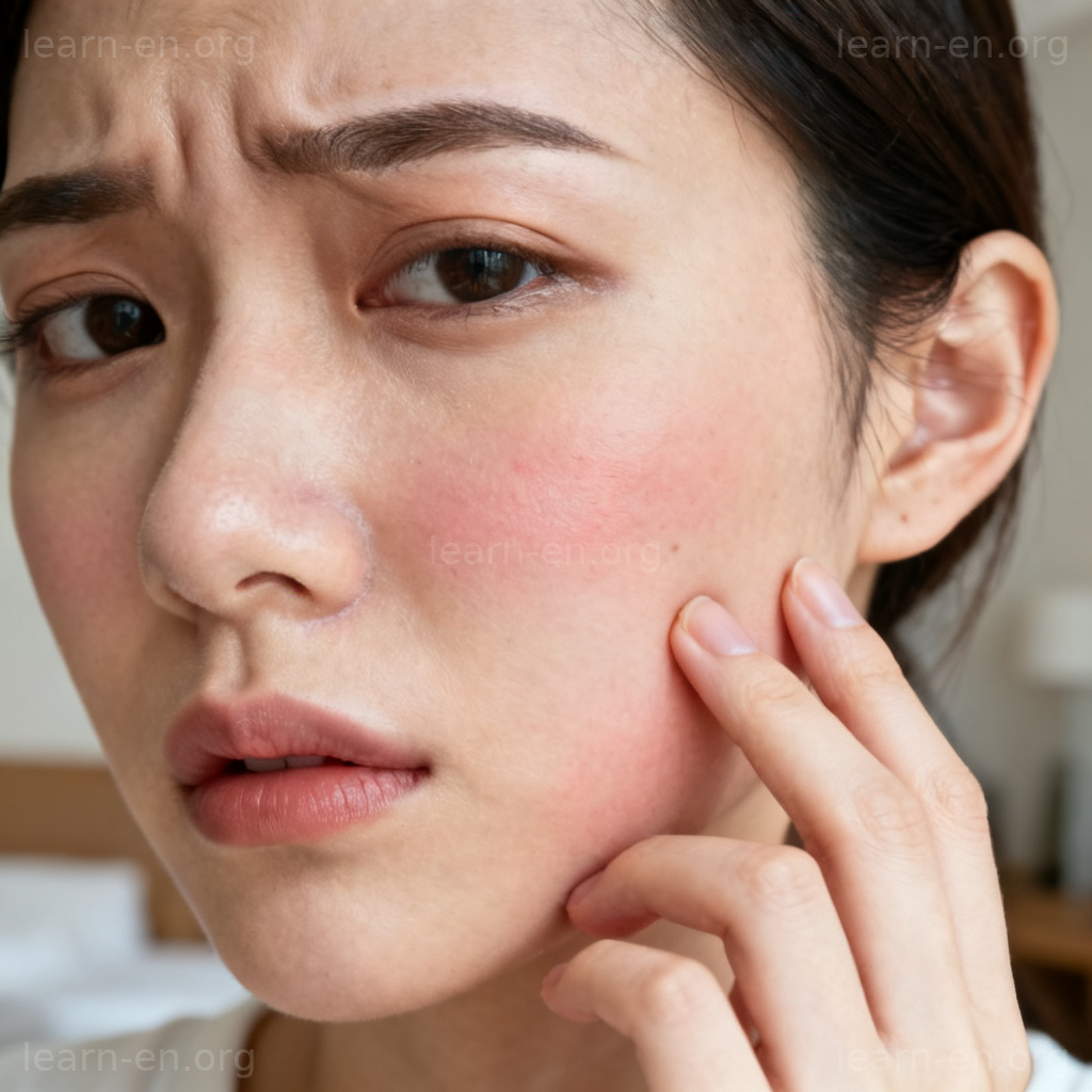 sensitive含义图解：皮肤敏感不适的女性轻触脸颊