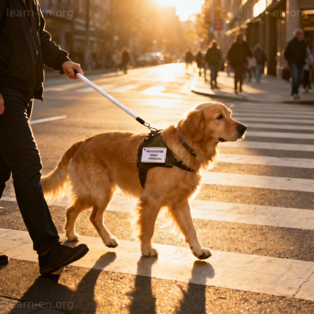 Service Dogs 服务犬图解：佩戴标识背心的金毛犬引导视障人士过马路