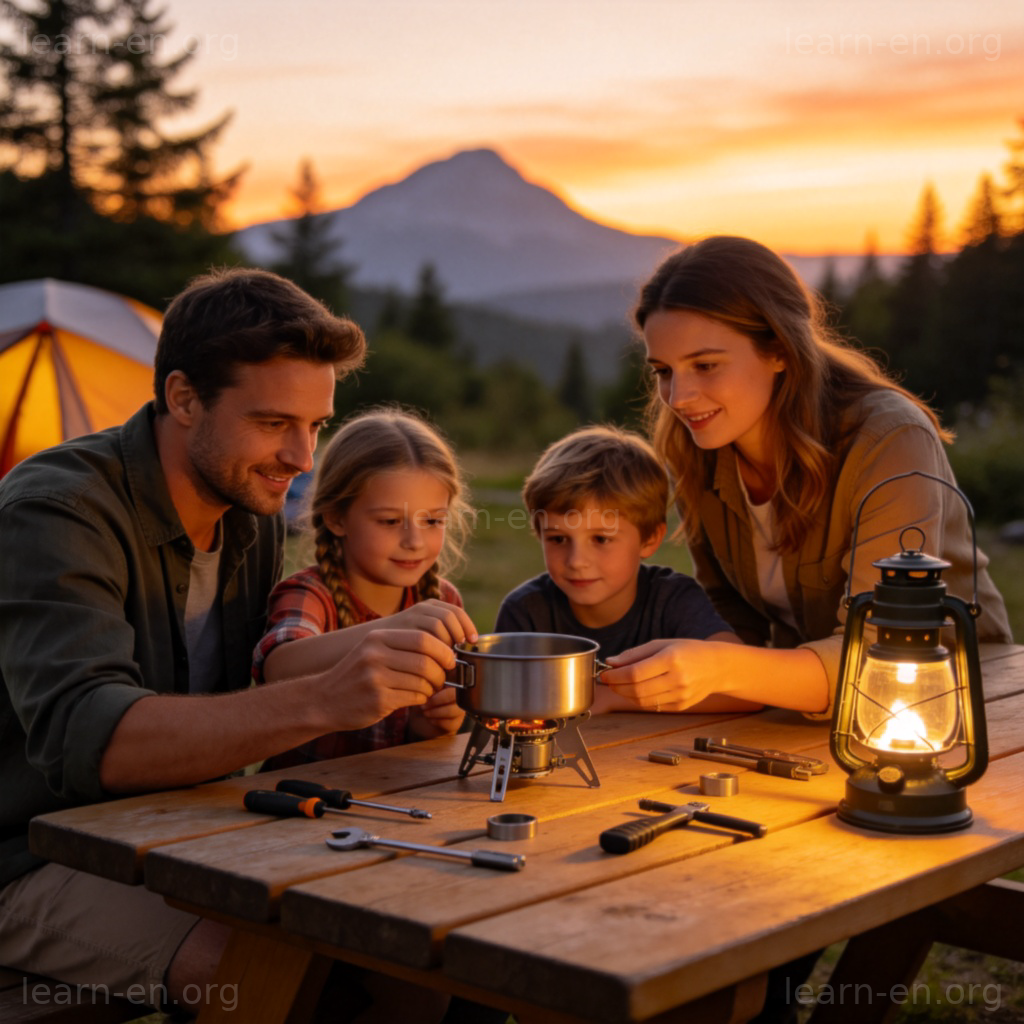 set up the camping stove 图解：黄昏营地组装野营炉场景